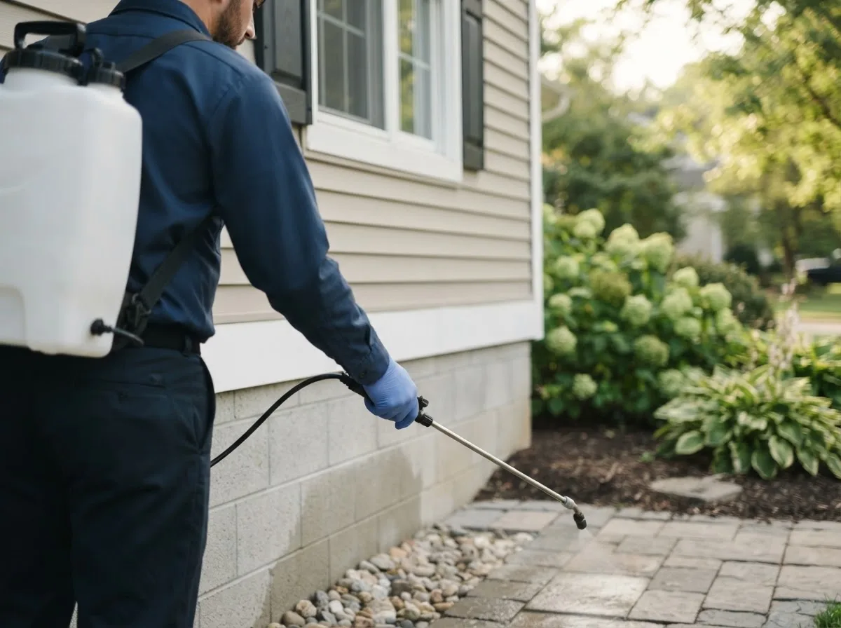 Pest control technician inspecting a home in Radisson, WI